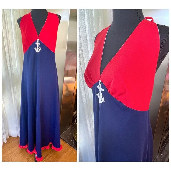 Vintage 70s halter dress, red and navy blue, polyester, nautical maxi, 8/10 (M) - Picture 2 of 10